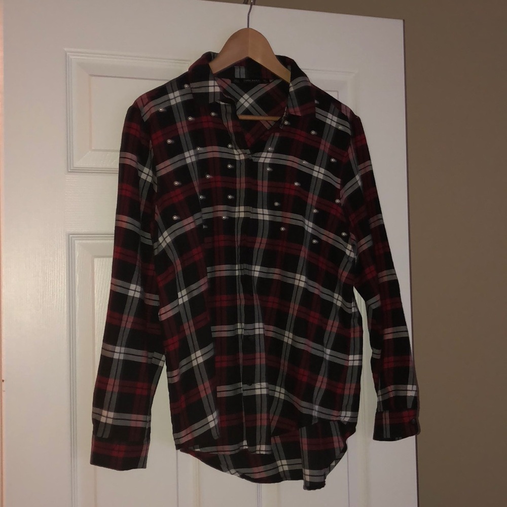 Zara plaid button down with pearls
